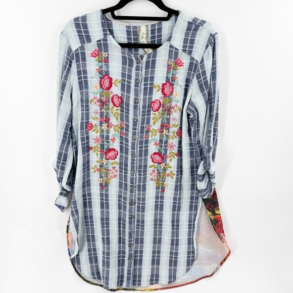 ✅ Aratta Silent Journey Plaid Embroidered Floral Button Up Tunic Small - Picture 1 of 10